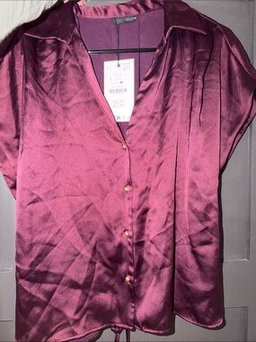 Zara Satin Button-Front Shirt — Burgundy Plum